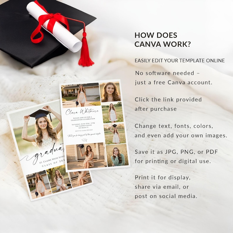 May include: A graduation announcement template with a photo collage, a black graduation cap, and a rolled diploma tied with a red ribbon. The text reads "How does Canva work?" and provides instructions for editing the template.