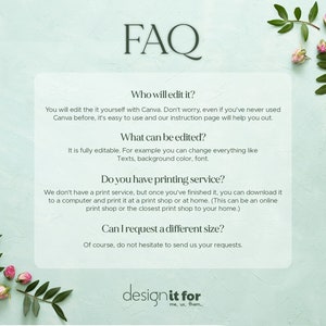 K&ouml;nnte beinhalten: FAQ zum Bearbeiten und Drucken eines digitalen Designs. Der Text lautet: "Wer bearbeitet es? Sie bearbeiten es selbst mit Canva. Keine Sorge, auch wenn Sie Canva noch nie benutzt haben, ist es einfach zu bedienen und unsere Anleitungsseite hilft Ihnen weiter. Was kann bearbeitet werden? Es ist vollst&auml;ndig editierbar. Zum Beispiel k&ouml;nnen Sie alles &auml;ndern, wie z. B. Text, Hintergrundfarbe, Schriftart. Haben Sie einen Druckservice? Wir haben keinen Druckservice, aber sobald Sie fertig sind, k&ouml;nnen Sie ihn auf einen Computer herunterladen und in einem Druckstudio oder zu Hause ausdrucken. (Dies kann ein Online-Druckstudio oder das n&auml;chstgelegene Druckstudio zu Ihrem Zuhause sein.) Kann ich eine andere Gr&ouml;&szlig;e anfordern? Nat&uuml;rlich, z&ouml;gern Sie nicht, uns Ihre W&uuml;nsche mitzuteilen. designit for me, us, them."