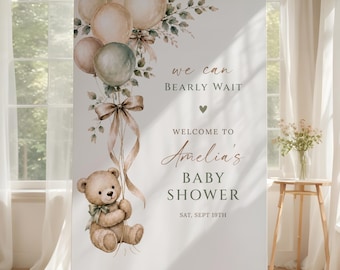 Teddy Bear Baby Shower Welcome Sign, We Can Bearly Wait Sign, Neutral Baby Shower Decor, Editable Canva, Digital Download, #BS28