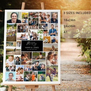 Pu&ograve; includere: Un poster bianco con un collage di foto di famiglia. Il poster ha un bordo nero con il testo "In Loving Memory of Harry B. Jones Dec 17, 1995 - May 11, 2023". Il poster &egrave; disponibile in tre dimensioni: 18x24 pollici, 24x36 pollici e A1.