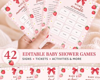 Babyshower spelletjespakket met aardbeienthema, activiteitenbordjes voor een aardbeienfeestje, bewerkbare Canva-sjablonen, digitale download, #BS06