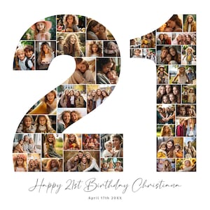 Fotocollage 21e verjaardag, 21e verjaardagscadeau, verjaardagsnummer 21 afdrukbaar, 21e fotocollagesjabloon, bewerkbare 21e verjaardag, Canva