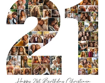 Collage de fotos del 21.° cumpleaños, regalo del 21.° cumpleaños, número 21 imprimible, plantilla de collage de fotos del 21.° cumpleaños, 21.° cumpleaños editable, Canva