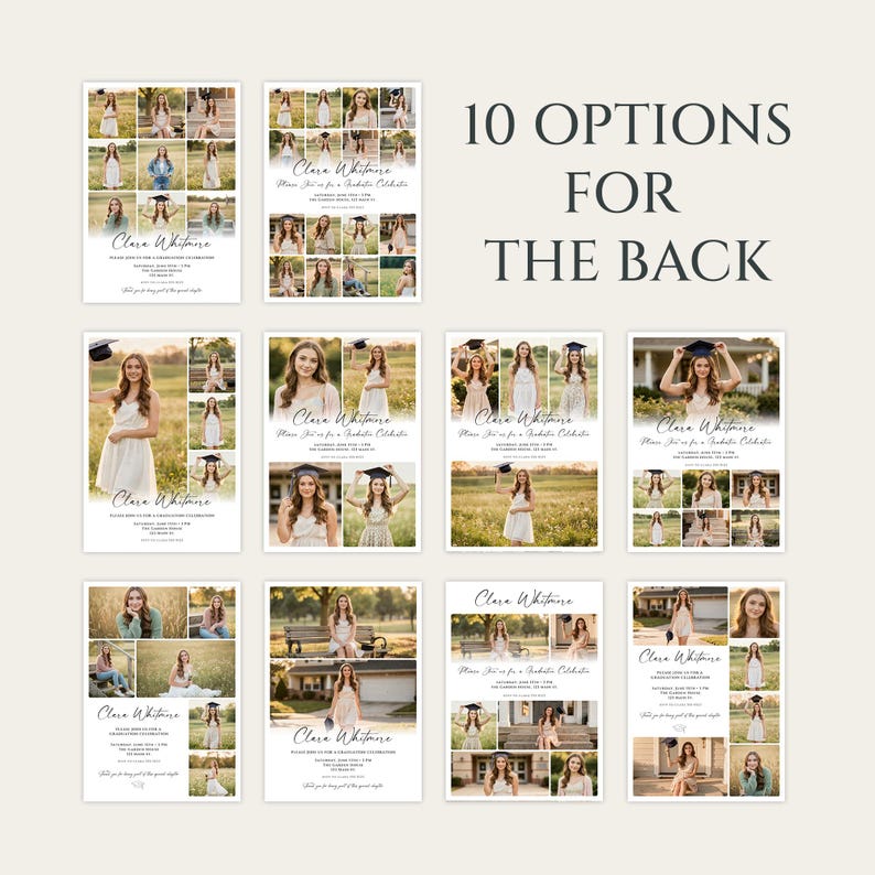 May include: A collection of graduation announcement designs featuring a young woman in a cap and gown. Each design includes multiple photos and the name "Clara Whitmore" with the text "10 OPTIONS FOR THE BACK".