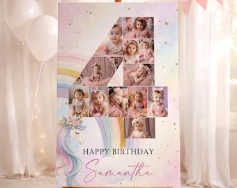 Unicorn 4th Birthday Photo Collage Template, 4th Birthday Poster, Editable Canva Template, 4th Birthday Unicorn Party Decor for Girl, Canva