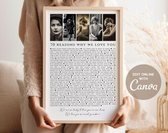 70 Reasons We Love You Photo Collage Template , Personalized Birthday Gift for Grandma, Grandpa, Mom or Dad, 70th Anniversary Celebration