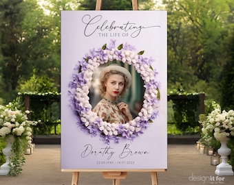 Purple Floral Funeral Welcome Sign Template, Funeral Poster, Celebration Of Life Poster In Loving Memory Board, Memorial Poster Picture Sign