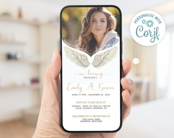 Gold Angel Funeral Evite, Electronic Funeral Announcement, Phone Memorial Announcement, Funeral Invitation for Smartphones, in loving memory