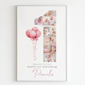 Modèle de collage photo premier anniversaire ballons roses, affiche d'anniversaire imprimable pour bébés filles, signe d'étape importante photo 1er anniversaire, #FBC01