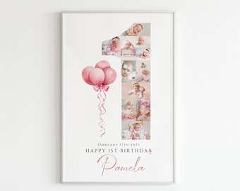 Pink Balloons First Birthday Photo Collage Template, Printable Birthday Poster for Baby Girls, 1st Birthday Photo Milestone Sign, #FBC01