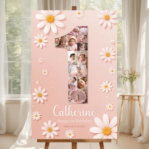Modèle de plaque de bienvenue pour le premier anniversaire de Daisy, collage de photos de numéros pour le 1er anniversaire, affiche imprimable d'étape importante pour le 1er anniversaire pour petite fille