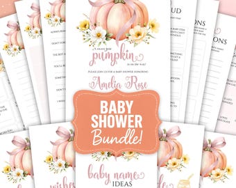 Peach Pumpkin Baby Shower Games Bundle, Fall Girl Party (Editable Canva Templates), #BS02