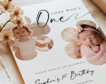 Minimalist 1st Birthday Invitation Template, Baby Girl Floral Party Invite with Photo, Editable Canva (Digital Download), #MB35