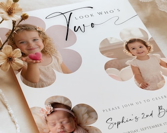 Minimalist 2nd Birthday Invitation with Photo, Neutral Floral Bday Invite for Baby Girl, Canva Template (Digital Download), #MB36