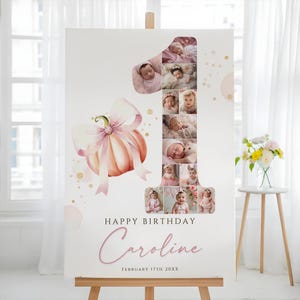 Puede incluir: Un gran letrero blanco con un diseño de calabaza y lazo rosa, un collage de fotos de bebé con forma del número uno y el texto "Happy Birthday Caroline February 17th 20XX". El letrero se muestra en un caballete de madera.