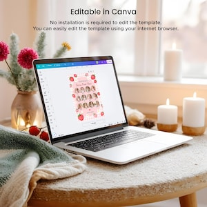 Editable strawberry first birthday Canva template showing 12 monthly baby photos