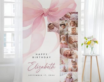 Pink Bow First Birthday Collage Template, Editable 1st Birthday Welcome Sign Poster, 1st Birthday Board for Baby Girl, Editable with Canva