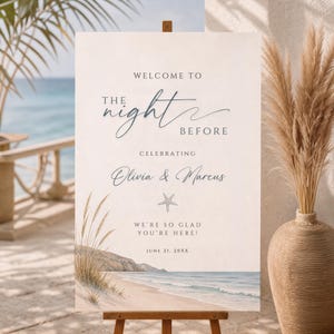 May include: A welcome sign on an easel with the text "Welcome to The Night Before Celebrating Olivia & Marcus." The sign features a beach scene with a starfish and the date June 21, 20XX.