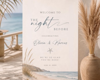 Beach Rehearsal Dinner Welcome Sign, Coastal Wedding Sign, The Night Before Template, Editable Canva (Digital Download)