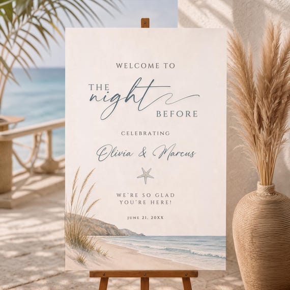 Beach Rehearsal Dinner Welcome Sign, Coastal Wedding Sign, The Night Before Template, Editable Canva (Digital Download)