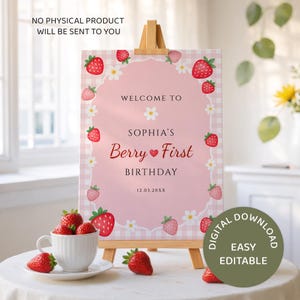 Pink berry first birthday welcome poster printable party decor