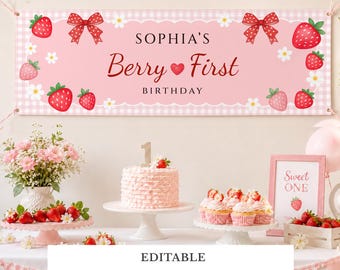 Berry First Birthday Banner Template, Strawberry 1st Birthday Backdrop, Editable Canva, Digital Download, #SBT