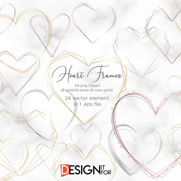 Heart frame clipart, heart vector, geometric golden frame clip art, Gold Polygonal Frames, Gold Frames, silver frames, rose gold frames