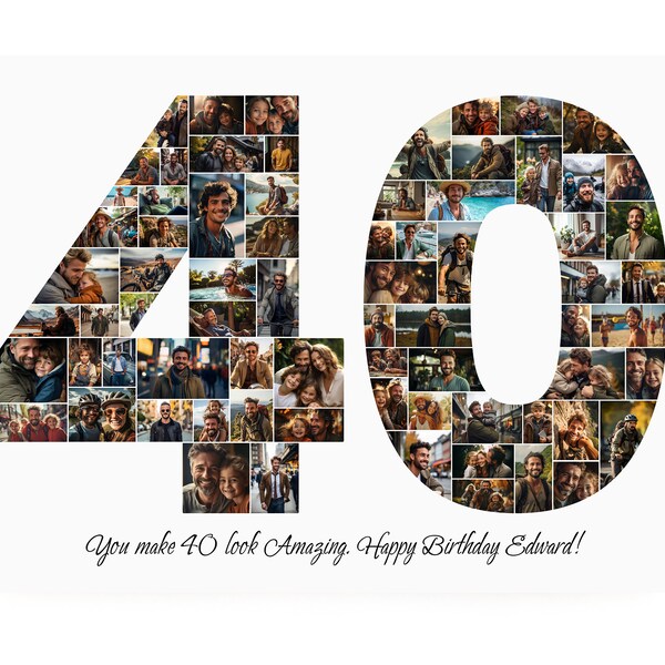 Plantilla de collage de fotos de 40 cumpleaños, regalo personalizado de 40 cumpleaños para ella, para él, collage número 40, regalo familiar, regalo de cumpleaños, Canva