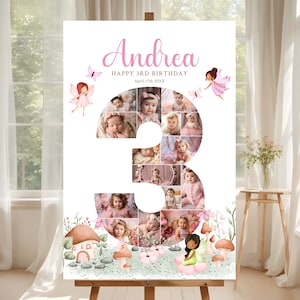 May include: A pink and white birthday poster with the name Andrea and the text "Happy 3rd Birthday" and "April 17th 20XX". The poster features a large number 3 made of photos of a baby girl. The number 3 is surrounded by flowers, mushrooms, and fairies.
