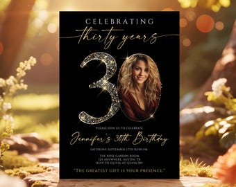 30th Birthday Invitation, Black and Gold Glitter Birthday Invite, Elegant Adult Party Printable, Man or Woman, Editable Canva Template #GBB1