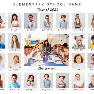 May include: A classroom photo of students from the Elementary School Name, Class of 2023, with their teacher, Mrs. Johnson.