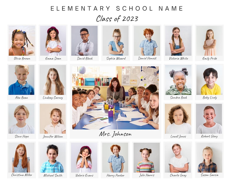May include: A classroom photo of students from the Elementary School Name, Class of 2023, with their teacher, Mrs. Johnson.