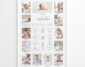 Minimalist 1st Birthday Milestone Sign, Printable Baby's First Year Poster, Editable 1st Birthday Milestone Board, Photo Collage Template