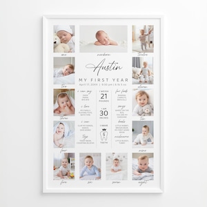 Minimalistisches Meilensteinschild zum 1. Geburtstag, druckbares Poster zum ersten Jahr des Babys, bearbeitbares Meilensteinbrett zum 1. Geburtstag, Fotocollagenvorlage