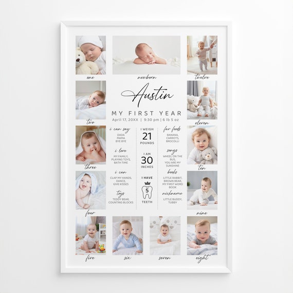 Minimalist 1st Birthday Milestone Sign, Printable Baby's First Year Poster, Editable 1st Birthday Milestone Board, Photo Collage Template