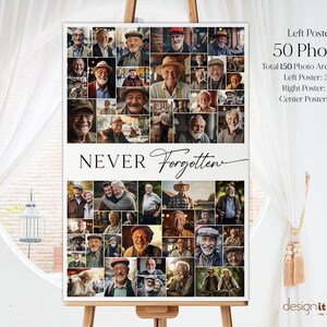 K&ouml;nnte beinhalten: Ein Schwarzwei&szlig;-Collage-Poster mit 50 Fotos von &auml;lteren M&auml;nnern. Das Poster ist in drei Abschnitte unterteilt, mit dem Text "NEVER Forgotten" in der Mitte. Der Text "Left Poster 50 Photos" befindet sich in der oberen rechten Ecke. Der Text "Total 150 Photo Areas in Set" befindet sich unter dem Titel des Posters. Der Text "Left Poster: 50, Right Poster: 50, Center Poster: 50" befindet sich unter dem Text der Gesamtzahl der Fotobereiche.