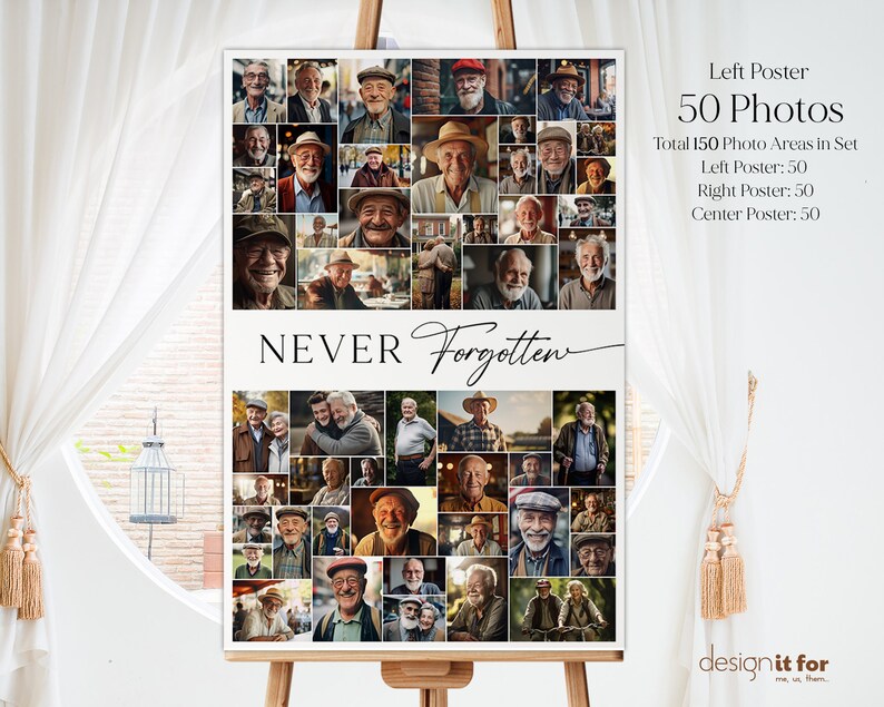 K&ouml;nnte beinhalten: Ein Schwarzwei&szlig;-Collage-Poster mit 50 Fotos von &auml;lteren M&auml;nnern. Das Poster ist in drei Abschnitte unterteilt, mit dem Text "NEVER Forgotten" in der Mitte. Der Text "Left Poster 50 Photos" befindet sich in der oberen rechten Ecke. Der Text "Total 150 Photo Areas in Set" befindet sich unter dem Titel des Posters. Der Text "Left Poster: 50, Right Poster: 50, Center Poster: 50" befindet sich unter dem Text der Gesamtzahl der Fotobereiche.