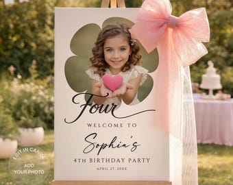 4th Birthday Welcome Sign with Photo, Girl Party Poster, Editable Canva Template (Digital Download)
