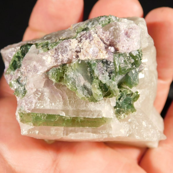 Green Tourmaline Crystal Cluster with Lepidolite on Quartz Brazil 202gr
