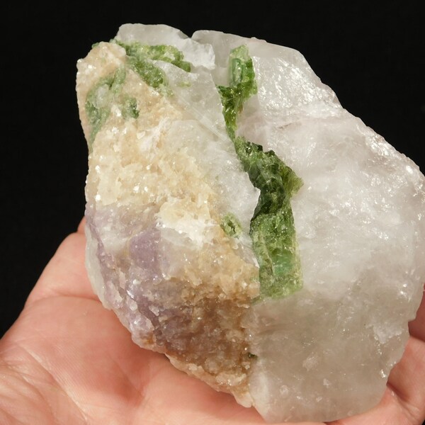 GREEN Tourmaline Crystal Cluster With Lepidolite and Quartz Crystal Brazil 356gr