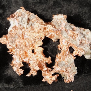 Peut inclure: Un spécimen de cuivre métallique brut présentant une forme irrégulière et dentelée avec une surface brillante et réfléchissante brun rougeâtre. La formation minérale affiche une texture cristalline poreuse parsemée de zones rocheuses gris clair.