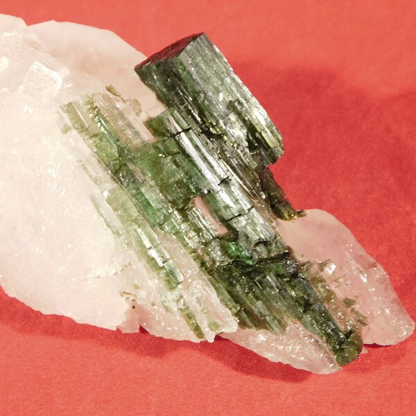 Big! Gemmy GREEN Tourmaline Crystal Cluster on a Quartz Crystal Brazil 424gr