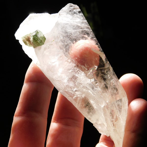 Watermelon TOURMALINE Crystal on Translucent Quartz Crystal Brazil 167gr