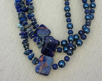 18&quot; Lapis Lazuli, Sodalite, czech glass 3-strand necklace