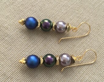 Lavender/Purple/Cobalt Blue Swarovski Crystal Pearls triple drop earrings