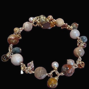 Peach Moonstone Bracelet – Handmade Healing Crystal Jewelry for Women.  Moonstone Dangle Bracelet: Czech Glass  Swarovski Crystals.