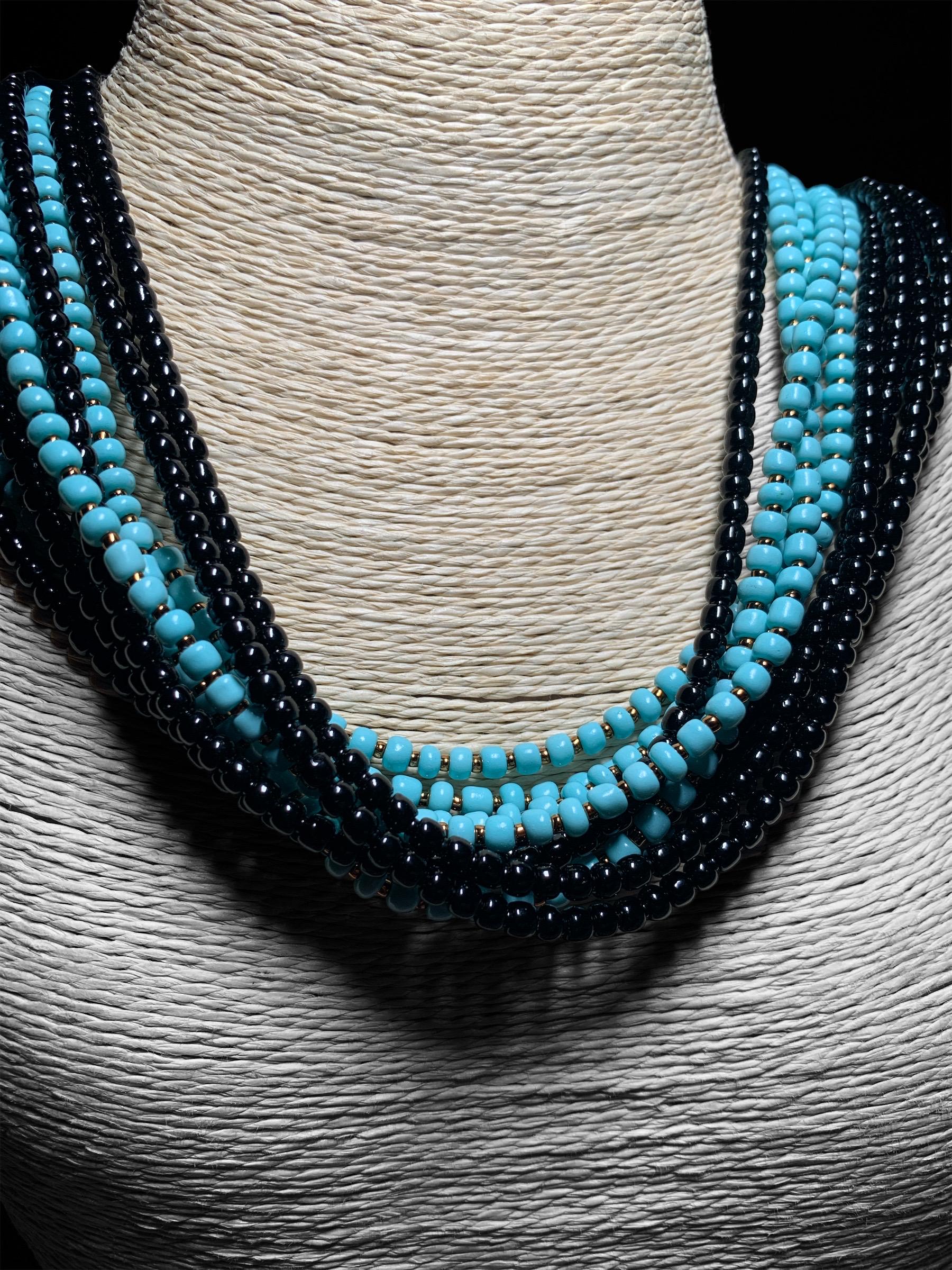 Blue or Green Turquoise/Jet Black  -  Multi strand Czech Glass seed bead necklace  20"