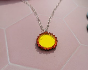 Sunshine sterling silver yellow necklace, mirrored acrylic sun, sun lover gift, happy necklace, smiley face gift