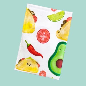 Mexican Taco dish towel, avocado dish towel, Fiesta party tea towel, secret Santa taco gift, chilli tea towel, taco illustration, funny food image 6