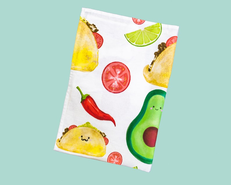 Mexican Taco dish towel, avocado dish towel, Fiesta party tea towel, secret Santa taco gift, chilli tea towel, taco illustration, funny food image 6